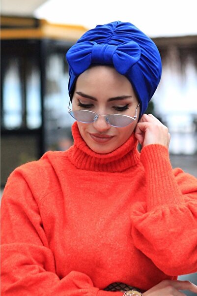 Sahra Şal Dünyası Bonetă reversibilă cu fundă albastră albastru cobalt pentru...