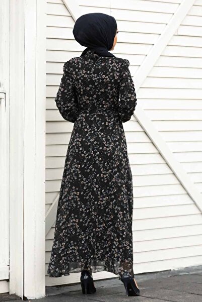 Neva Style - Floral Patterned Black Hijab Dress 27902s