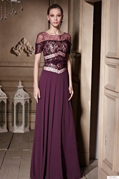 NELİDA Mor Kısa Kollu Beli Fiyonklu Gece Elbisesi