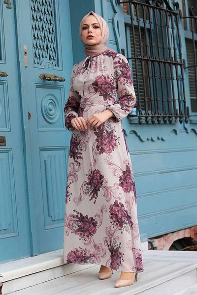 Neva Style - Floral Patterned Beige Hijab Dress 27921Beige