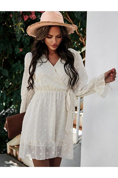 FASHION COCKTAIL Rochie de vara din stofa cu buline in relief Crema