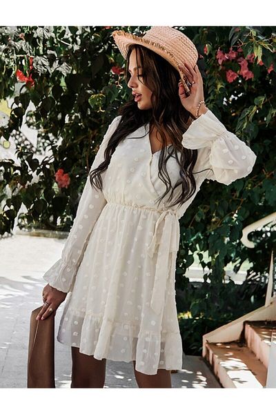 FASHION COCKTAIL Rochie de vara din stofa cu buline in relief Crema