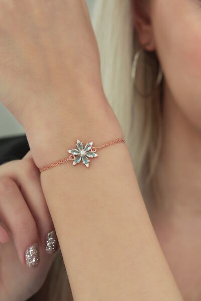 Nereze Kadın Mavi 925 Ayar Aquamarin Taşlı Çiçek Gümüş Bileklik