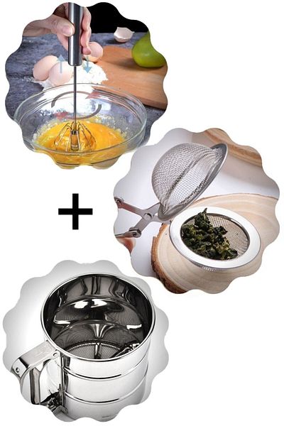 Hyd Stainless Steel Flour Sieve + Push Automatic Beater + Herbal Tea Strainer with Tongs