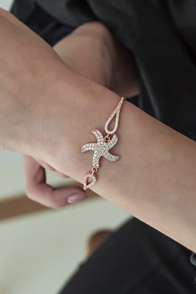 Nereze Kadın Rose Gold 925 Ayar Kelepçe Model Deniz Yıldızı Bileklik