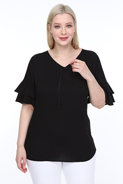 Piano Luce Lyre Women's Large Size Flounced Sleeve Blouse Black L2319