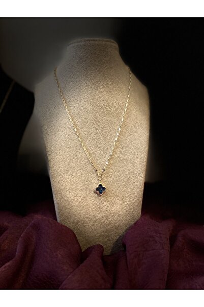 TEK ADRESS Kadın Zirkon Taşlı Lacivert Yonca Kolye 14 Ayar Altın Kaplama