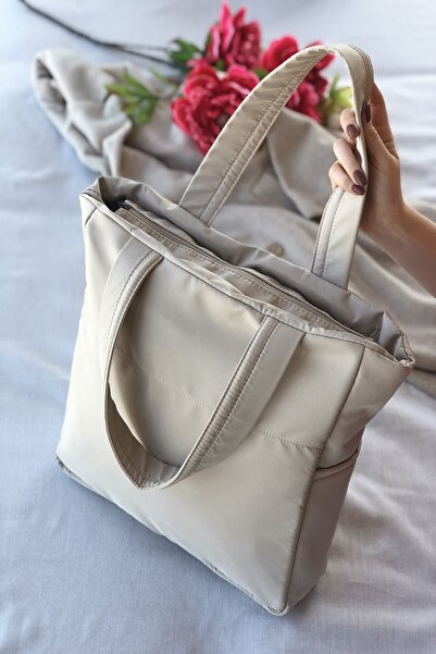 Bagzone Kadın Bej Kabartmalı Puf Kumaş Shopper Çanta
