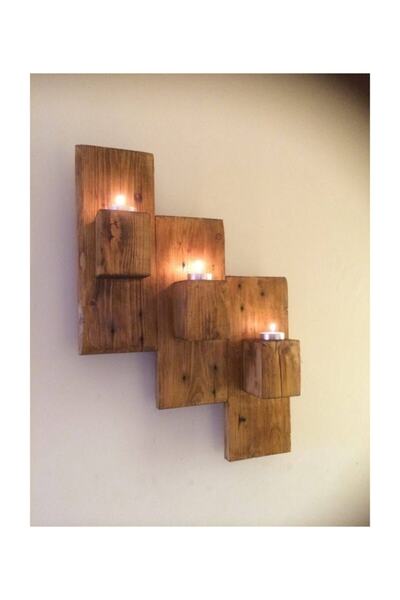 Genel Markalar Ahşap Dekoratif Tasarım Duvara Monte 3'lü Mumluk A0019