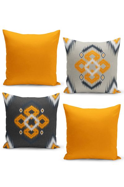 Filamente Set of 4 Throw Pillow Covers with Linen Tweed Background Ikat Patterned