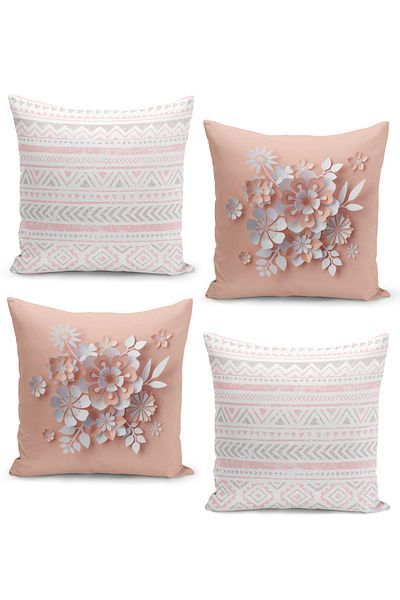 Filamente 4-Piece Throw Pillow Case Set with Vintage Ethnic Pattern and 3-D Floral Design