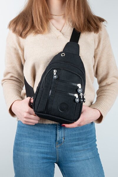 samilon حقيبة ظهر نسائية من القماش المقاوم للماء وحقيبة صدر باللون الأسود