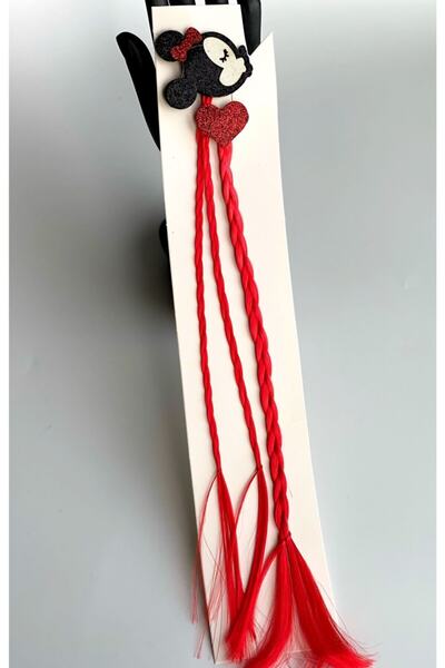 QUEEN AKSESUAR Çocuk Kırmızı Örgü Minnie ve Kalp Takma Saç Postiş Toka 2li