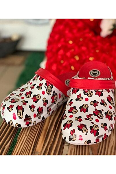 Akınal Bella Kadın Kırmızı Çok Renkli Mickey Mouse Hem Terlik Hem Sandalet