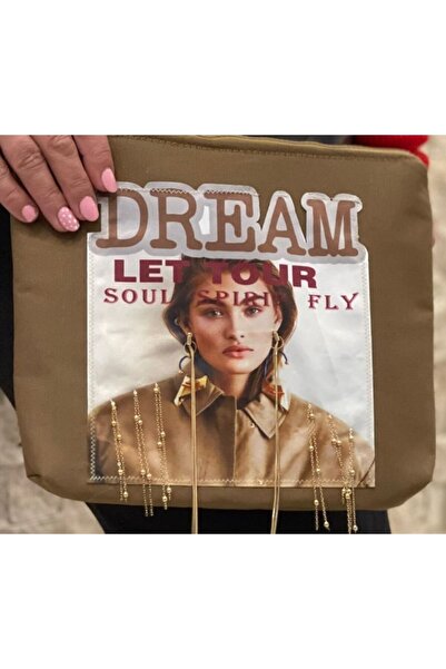 Gönülden Tasarım Дамска чантичка за грим и портфолио с визуална апликация, помпон Dream Steel Chain, 25x28