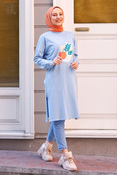 Moylin 1718 Model - Women's Blue Leaf Patterned Tunic