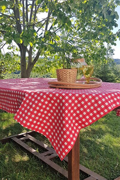 DecoKır Kırmızı Beyaz Pöti Kareli Dertsiz Pamuklu Kumaş Masa Örtüsü 120x170 cm