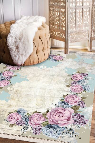 Modern home Pembe Güllü Çiçekli Tasarım Modern Halı Yolluk Kolay Temizlenebil...