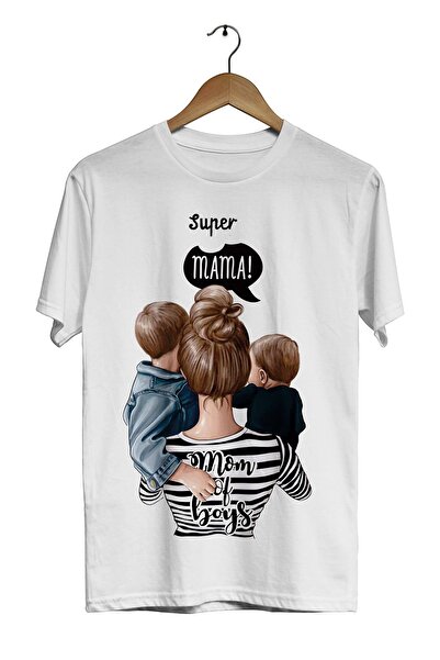 ACR Giyim Unisex Matka i dziecko Biała Super Mama Mama Chłopców Cyfrowy nadruk T-shirt