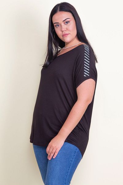 Şans Women's Large Size Black V-Neck Blouse with Stone Detail on Shoulders 65n25734