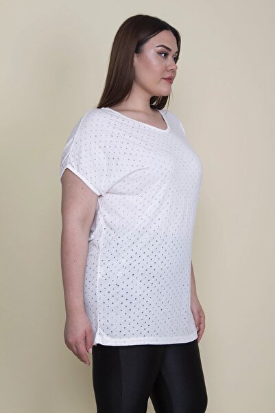 Şans Жіноча блуза великого розміру з кістковим коміром, V-подібним вирізом і короткими рукавами 65n25690