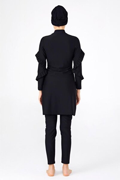 Adasea Siyah Lycralı Fırfırlı Tasarım Tesettür Mayo 2021 4104