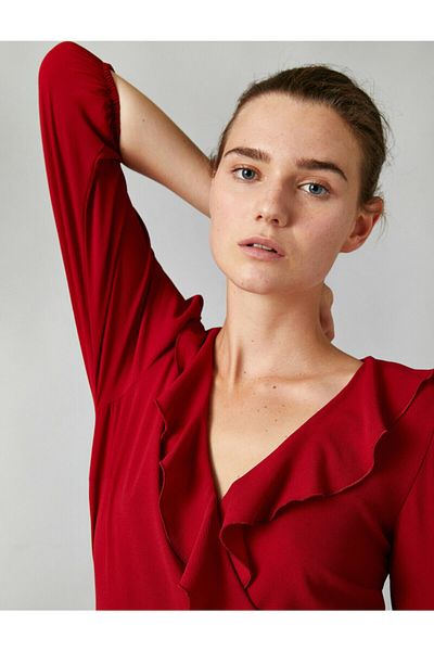 Koton Long Sleeve Flounce V-Neck Crepe Blouse