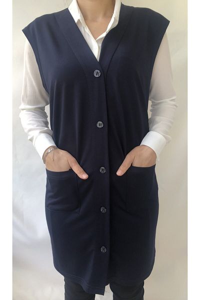 SENFONİ Navy Blue Large Size Long Vest - Buttoned
