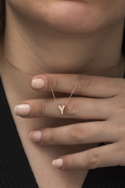 Nereze Kadın Rose Gold 3 Boyutlu Y Harfi Gümüş Kolye