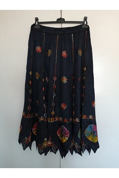 Butik Tülin Otantik Viskon Lacivert Batik Üçgen Dilimli Etek