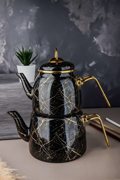 Bayev Elite Class Enamel Teapot Black Broken Marble Patterned Teapot