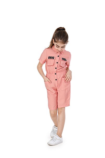 Smile Kids Kız Çocuk Pembe Baskılı Cep Detaylı Çıtçıtlı Tulum