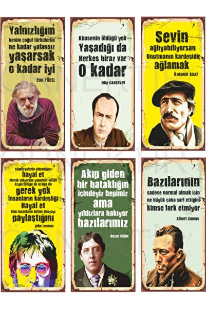 Hayat Poster Can Yücel, Edip Cansever, Özdemir Asaf, John Lennon, Oscar Wilde, Camus 6lı Mini Ahşap Poster Seti