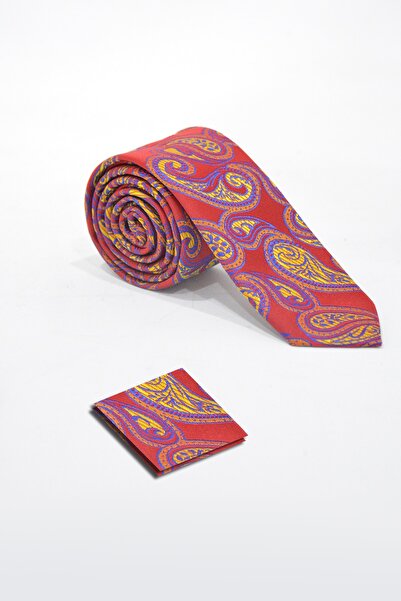 VEAVEN Erkek Desenli Kravat Ve Mendil Seti Vavn008-0000006-1 Kızıl
