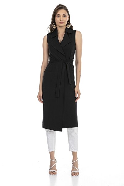 DISENTIS MODEST Тъмносин миди жилет - класически яка, джобове и колан