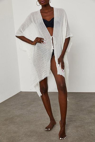 XHAN Damen-Pareo aus ecrufarbenem Twist-Stoff mit Seitenschlitzen 1YZK4-11827-01