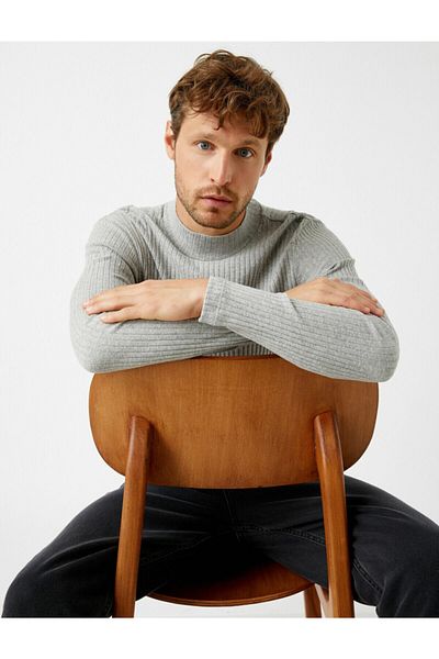 Koton Men's Gray Ribbed High Collar Cotton Sweater