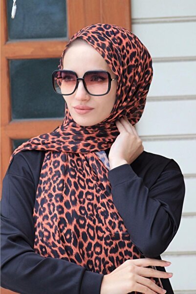 Sahra Şal Dünyası Γυναικείο Πορτοκαλί Μαύρο Σιφόν Λεοπάρ μοτίβο τεμαχίων