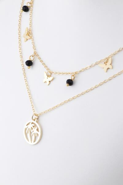 Sortie Aksesuar Steel Palm and Butterfly Figured Combination Necklace 0119