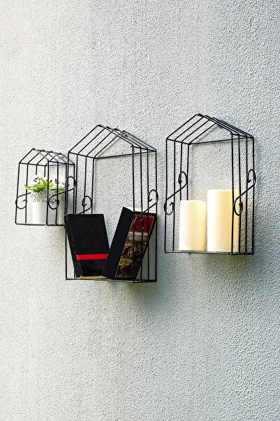 Hedicaret Yuva Üçlü Duvar Rafı Dekoratif Kitaplık Metal Siyah Ferforje Tel Raf