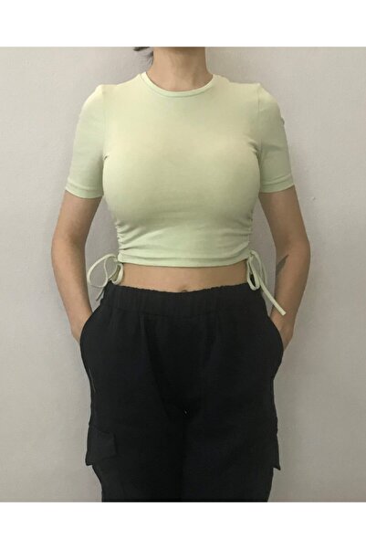 Bomenti Life Women's Mint Green Lycra Side Gathered Crop Crew Neck Short Slee...