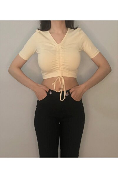 Bomenti Life Women's Cream Lycra Front Gathered Crop V-Neck Short Sleeve T-Shirt