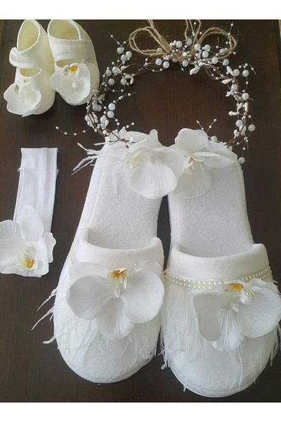 Hüner aksesuar Women's Orchid Pearl Crown Slippers, Baby Girl Crown Newborn Shoes Maternity Set – Maternity Set