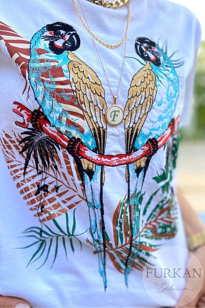FEMELLE Tricou de damă din bumbac brodat papagal alb