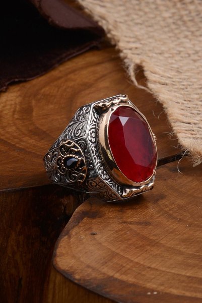 OSMANLI GÜMÜŞ Yakut Garnet Taşlı Yanı Zirkon Taşlı Işlemeli Erkek Gümüş Yüzük