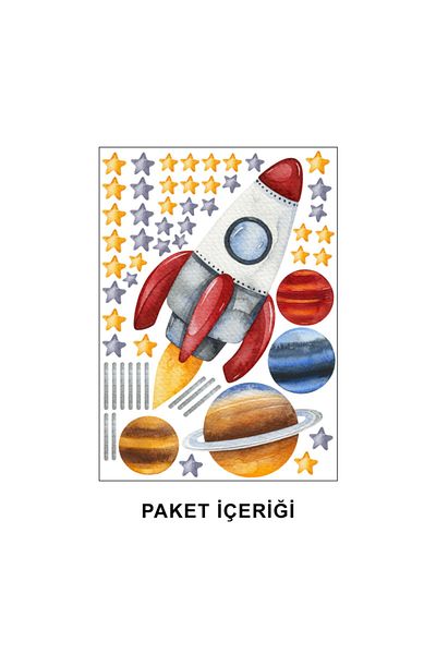 Tilki Dünyası Spacecraft Planets Yellow And Gray Stars Kids Room Wall Sticker