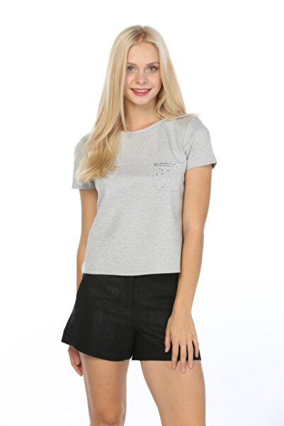 Hanna's by Hanna Darsa Kadın Gri Cebi Taş Baskılı Basic T-shirt Hn129