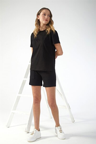 The Champ Global Women's Black Embroidered Shorts and T-Shirt Tracksuit Set