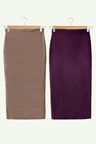 Essah Moda Kadın Bej Kalem Etek - Mürdüm Kalem Etek