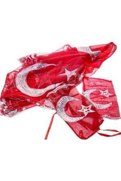Halay Kına Sequin Crescent and Star Red Soldier Cover Veil with 2 Gloves Gift